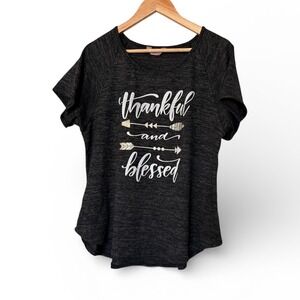 SJS Graphic Tee Womens 2X Charcoal Gray Thankful and Blessed Raglan Short Sleeve